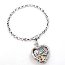 Silver heart pearl chain bracelet, fancy latest custom floating charms bracelet design